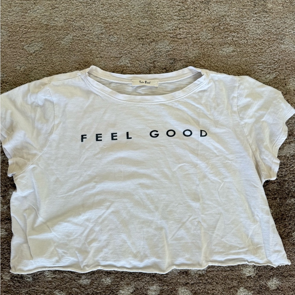 Tres Bien White Crop Top with Black Text